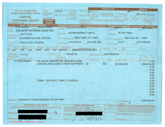 NYC’s first purchase order to Palantir Technologies, for 32 “perpetual server core licenses”